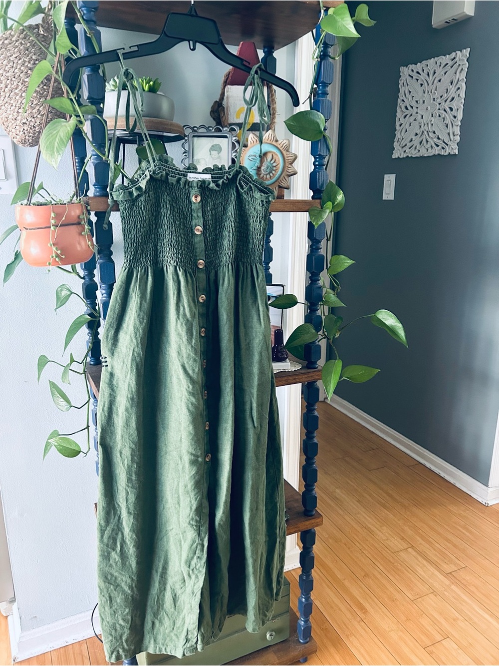 Faithfull the Brand Linen Olive Green Maxi Dress with Button Front